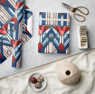 Papel De Presente Vidro Patriótico Azul Branco Vermelho, Manchado 4 