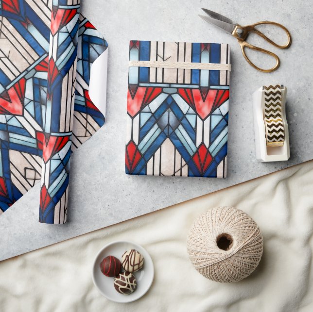 Papel De Presente Vidro Patriótico Azul Branco Vermelho, Manchado 4  (Artesanato)