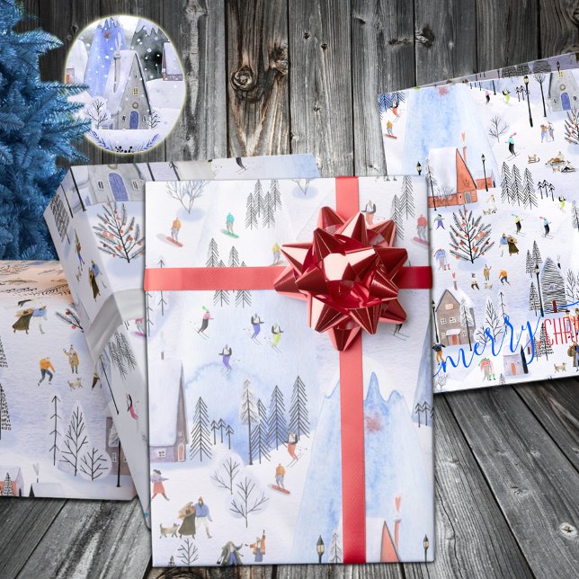 Papel De Presente Vila de Esqui Montanha Ocupada (Mountain Ski Village Holiday Gift Wrapping Paper in 6 & 15 foot long 30 inch wide rolls)