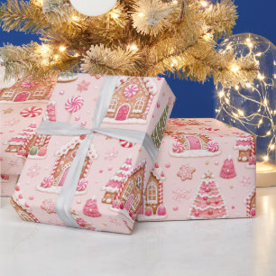 Papel De Presente Vila de Natal de Pão de Mel Rosa Caprichoso