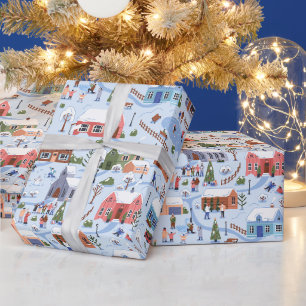 Papel De Presente Vila de Natal em Aquarela Azul Claro