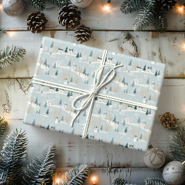 Papel De Presente Vila de Natal Minimalista de Neve Azul