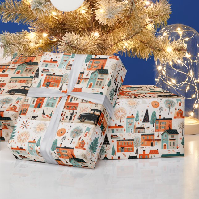 Papel De Presente Vila de Natal Moderno de Meados do Século  (Feriados)