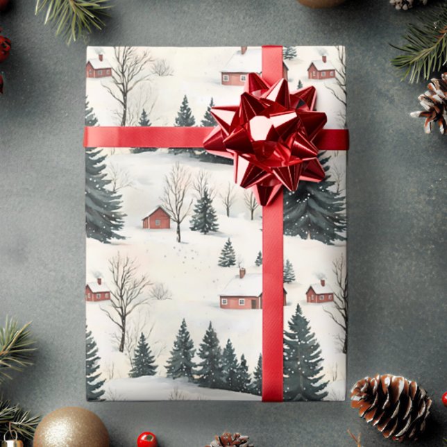 Papel De Presente Vila Rústica Vermelha e Branca Nevada (Rustic Woodland Village Christmas Wrapping Paper)