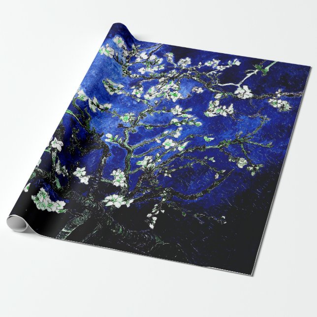 Papel De Presente Vincent Van Gogh Almond Blossomo Azul Profundo (Desenrolado)