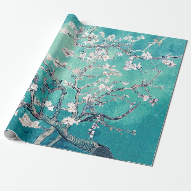 Papel De Presente Vincent Van Gogh Almond Blossoms Turquoise (Desenrolado)