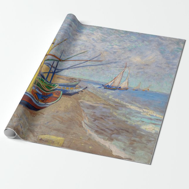 Papel De Presente Vincent van Gogh - Barcos de Pesca na Praia (Desenrolado)