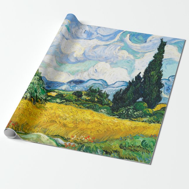 Papel De Presente Vincent Van Gogh Wheat Field com Cyprestes (Desenrolado)