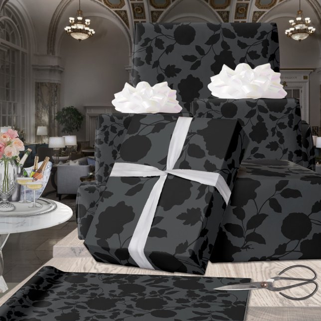 Papel De Presente Vinha Floral Negra Elegante Em Cinzas De Carvão (Criador carregado)