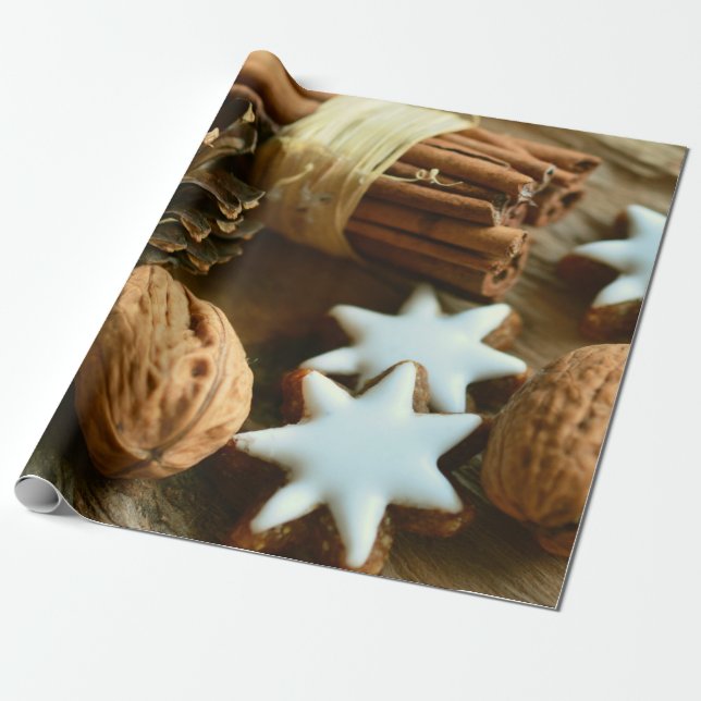 Papel De Presente Vinhetas e estrelas de canela natalina (Desenrolado)