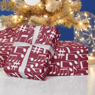 Papel De Presente Vinho Tinto Rico com Notas Musicais Brancas