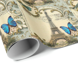 Papel De Presente vintage art nouveau Blue swirls paris eiffel torre