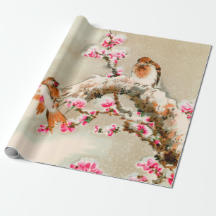 Papel De Presente Vintage aves japonesas em um galho