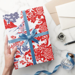 Papel De Presente Vintage Azul Vermelho Chinoiserie Delft Floral