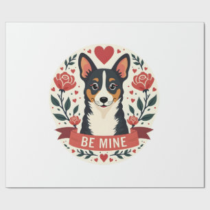 Papel De Presente Vintage Be Mine Corgi Dia dos Namorados Floral Fol