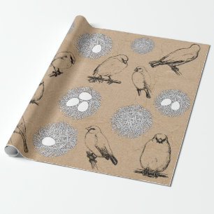 Papel De Presente Vintage Birds & Nest Rustic Kraft Brown
