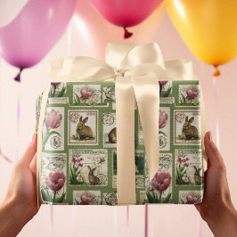 Papel De Presente Vintage Bunny & Tulip Stamps Easter Wrapping Paper