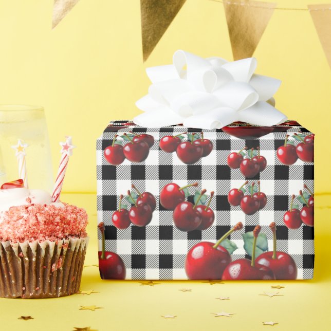 Papel De Presente Vintage Cherries black white gingham (Festa de aniversário)
