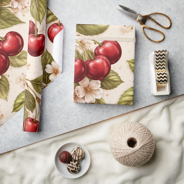 Papel De Presente Vintage Cherry Botanical Wrapping Paper  (Artesanato)