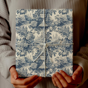 Papel De Presente Vintage Chic Azul Floral Toile de Jouy