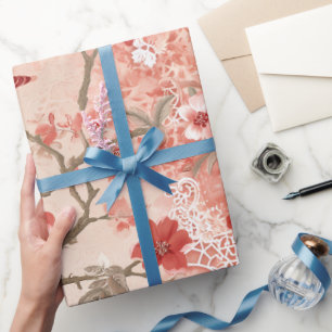 Papel De Presente Vintage Chinoiserie Asiática Flores Brancas Vermel