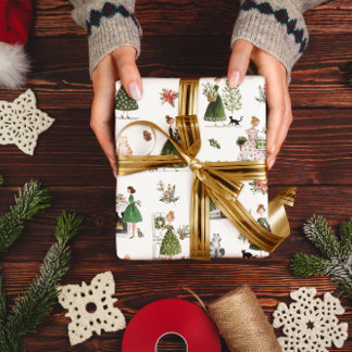 Papel De Presente Vintage Christmas Ladies and Cats Watercolor