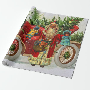 Papel De Presente Vintage Christmas Santa with Toys and Red Car