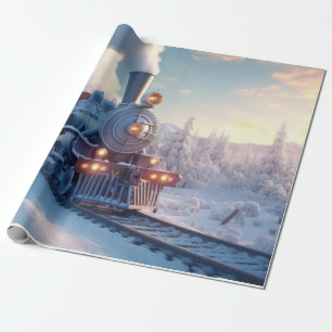 Papel De Presente Vintage Comboio a Vapor Montanhas de inverno com n