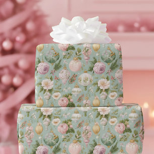 Papel De Presente Vintage Cor-de-Rosa Floral de Natal