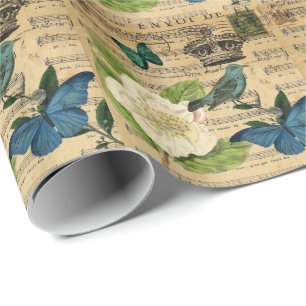 Papel De Presente vintage corwn bird Music Notes french botanch