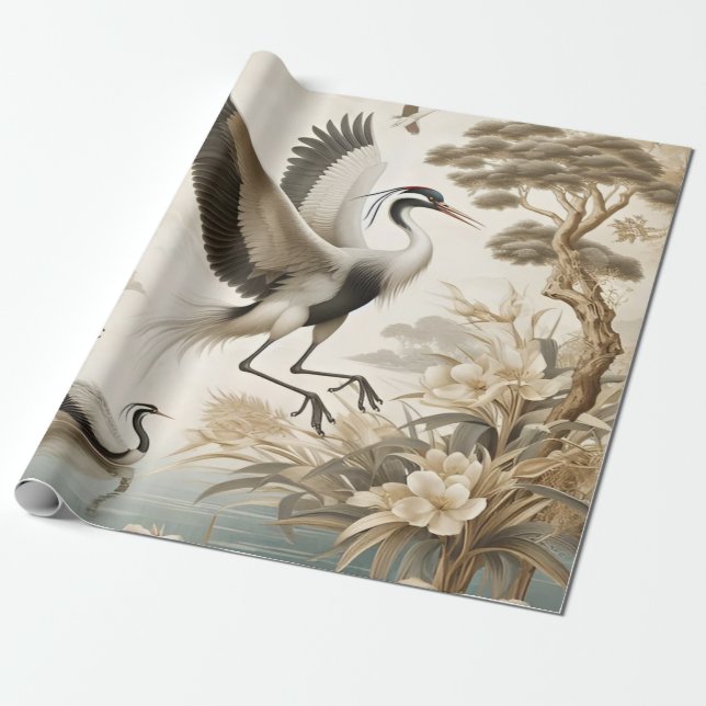 Papel De Presente Vintage Cranes Crane Birds Wallpaper (Desenrolado)
