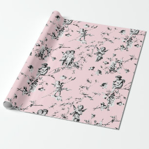 Papel De Presente Vintage Cupid Angels Floral Preto Branco Toile Ros