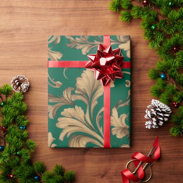 Papel De Presente Vintage Damasco Dourado Elegante (Presente de Natal)