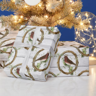 Papel De Presente Vintage de Pássaro de Frame Dourado de Natal