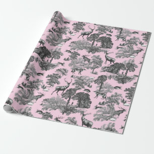 Papel De Presente Vintage Deer Fox Hare Country Toile Rosa