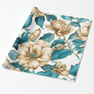 Papel De Presente Vintage Dourado Teal Branco Flor Padrão