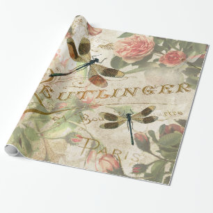 Papel De Presente Vintage Dragonflies e Rosas Decoupage Wrapping P