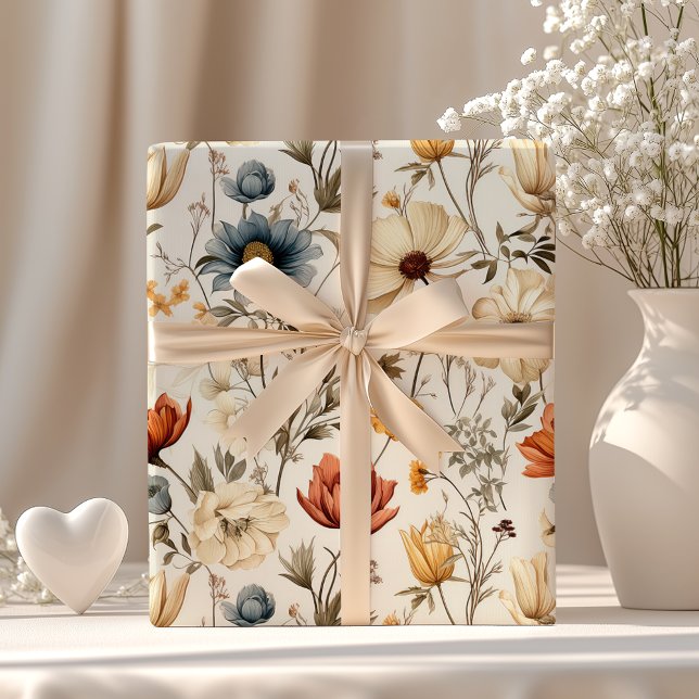 Papel De Presente Vintage Dried Wildflower Navy Terracotta (Criador carregado)