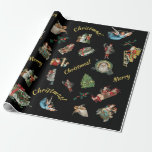 Papel De Presente Vintage Elegant Christmas Wrappaper<br><div class="desc">Papel de embrulho vibrante,  decorado com imagens de Natal de uma era passada com "Feliz Natal",  de uma bela cor dourada,  num fundo preto.</div>
