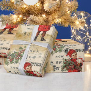 Papel De Presente Vintage Ephemera Cute Kid Anúncio de Natal Poster