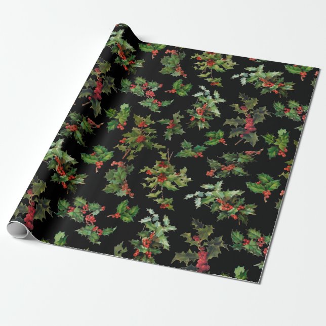 Papel De Presente Vintage festiva Holly Black Background (Desenrolado)
