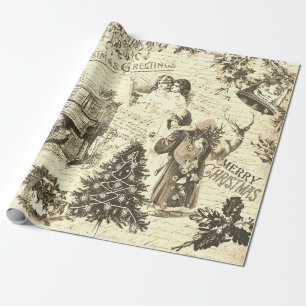 Papel De Presente Vintage festiva Papais noeis vitorianos beige