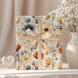 Papel De Presente Vintage Flor Seca Navy Terracota