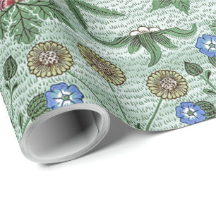 Papel De Presente Vintage Floral Azul-Rosa William Morris Daisy