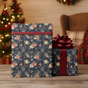 Papel De Presente Vintage Floral Poinsettia Padrão de Natal Azul