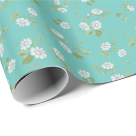 Papel De Presente Vintage Floral White Daisies França Teal