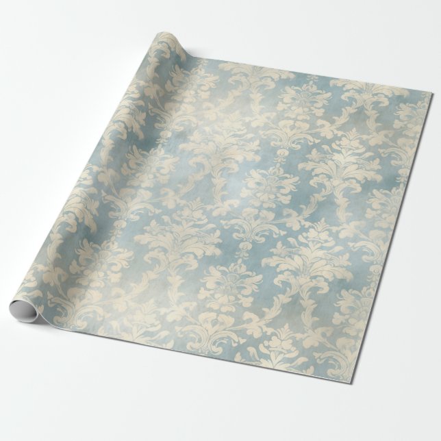 Papel De Presente Vintage French Dusty Blue Damask (Desenrolado)