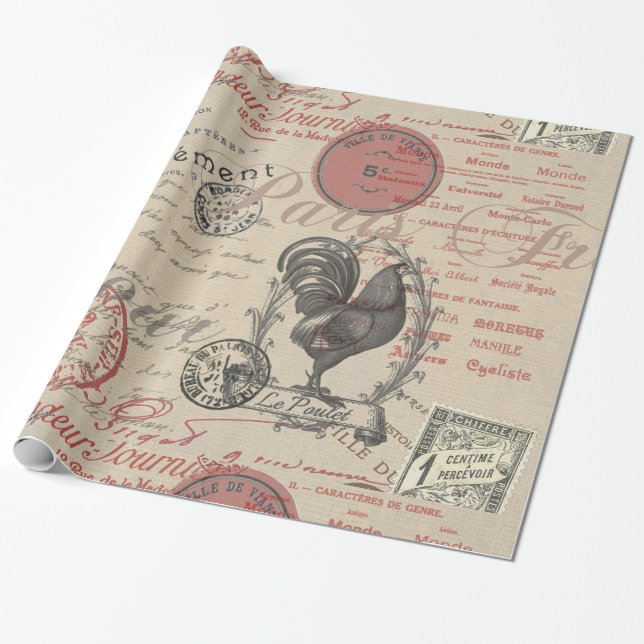 Papel De Presente Vintage French Escrevendo Tipografia Paris Rooster (Desenrolado)