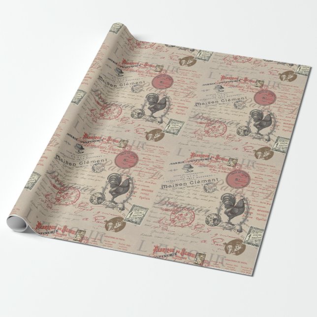 Papel De Presente Vintage French Escrevendo Tipografia Paris Rooster (Desenrolado)