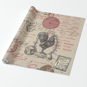 Papel De Presente Vintage French Escrevendo Tipografia Paris Rooster